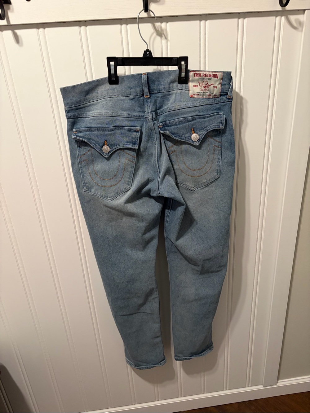 True Religion Geno Relaxed Slim Jeans Light Wash Flap Pocket SZ 34X31